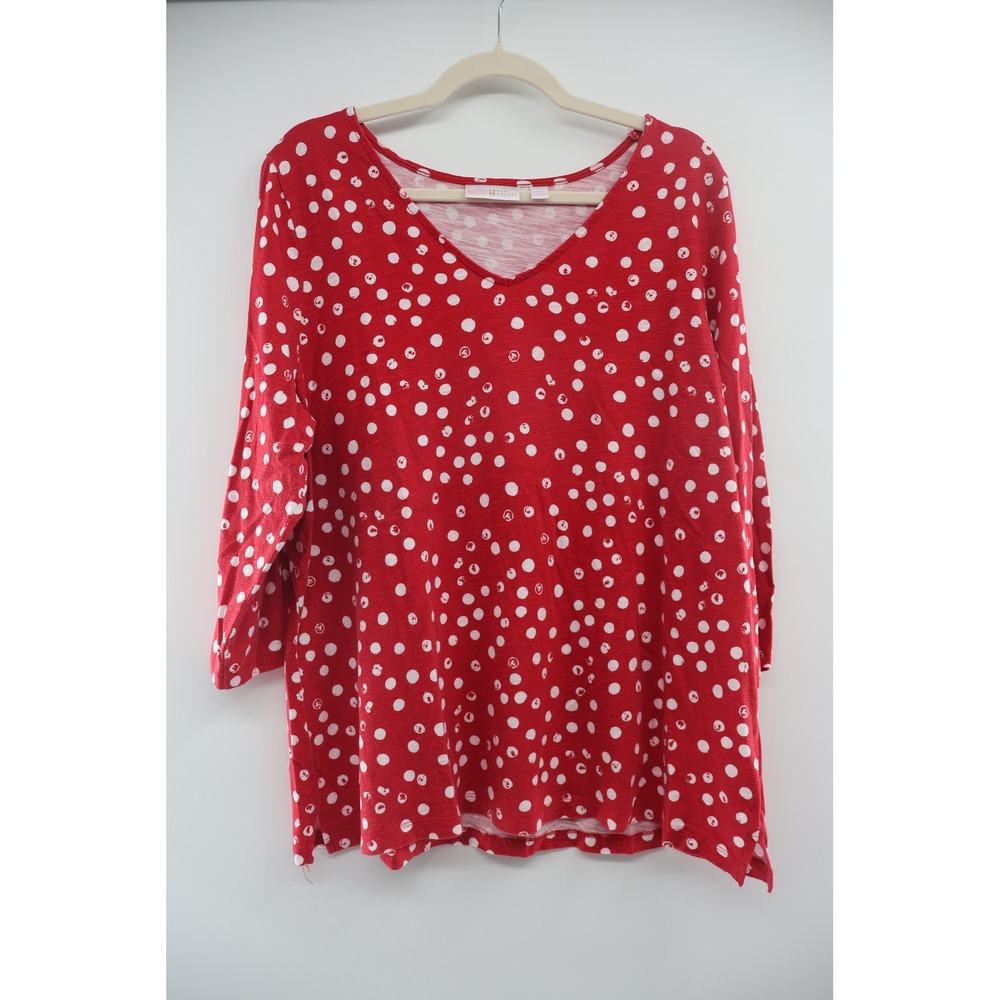 Belle Kim Gravel Red White Polka Dot V Neck Top 1X Plus Size Cotton Modal